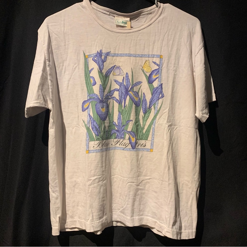 LL BEAN Flower Print Womens S/S Used T Shirt Sz M 90s White Stain 20x23